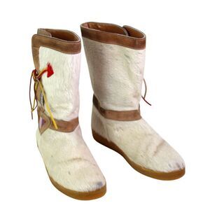 Tecnica ITALY WHITE GOAT FUR RETRO ROUND TOE FLAT WINTER WOMEN'S BOOTS Size 39